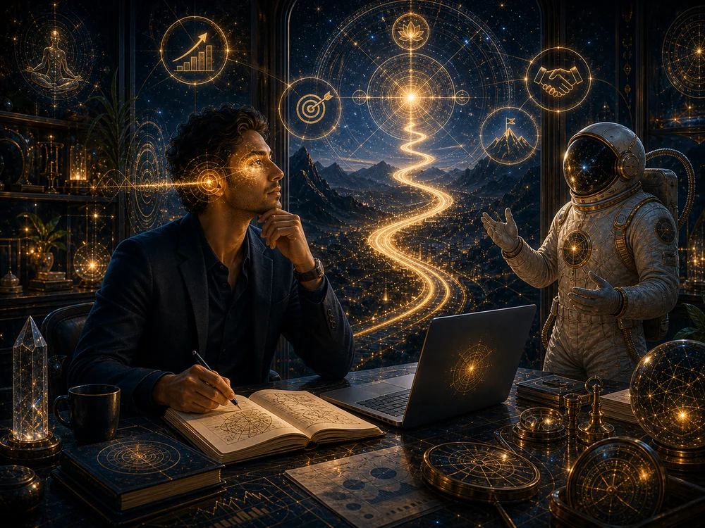 eye twitching spiritual meaning money career image with professional seeing a clear golden path at a cosmic desk