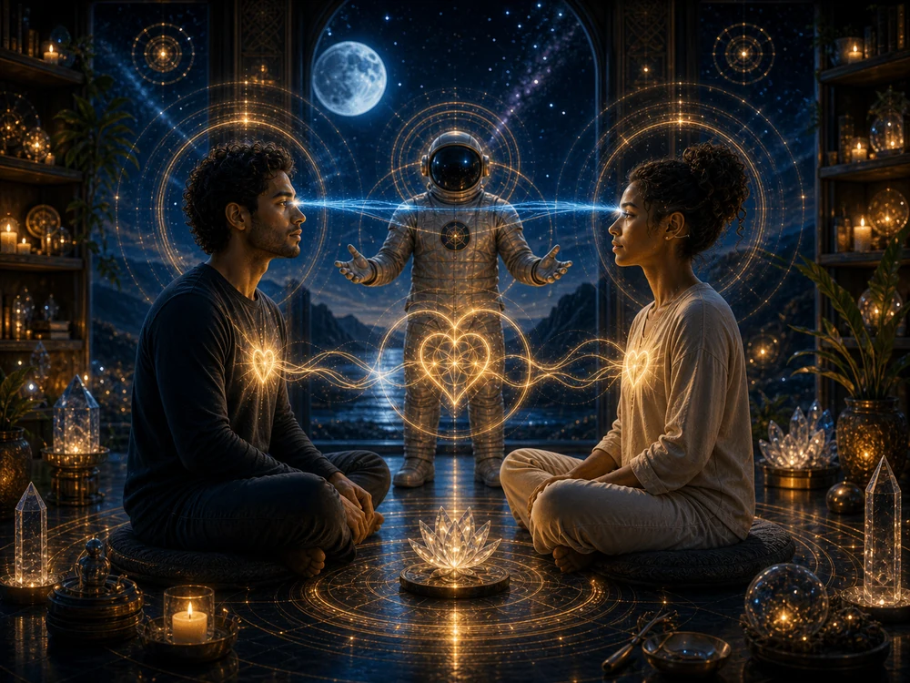 eye twitching spiritual meaning love image with two calm figures connected by blue gold sight lines and heart light