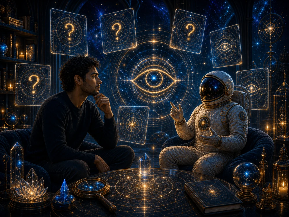 eye twitching spiritual meaning faq image with seeker astronaut host question cards and glowing eye symbols