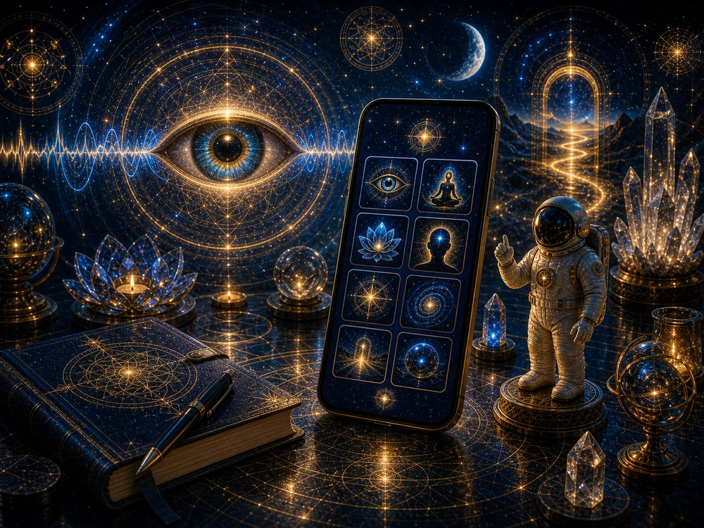 eye twitching spiritual meaning cta image with cosmic quiz cards journal phone crystals and astronaut figurine
