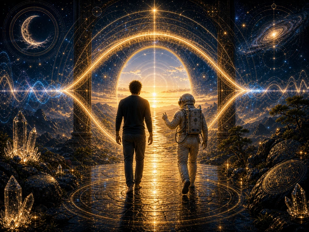 eye twitching spiritual meaning closing image with seeker and COA astronaut host walking through a golden eye shaped portal