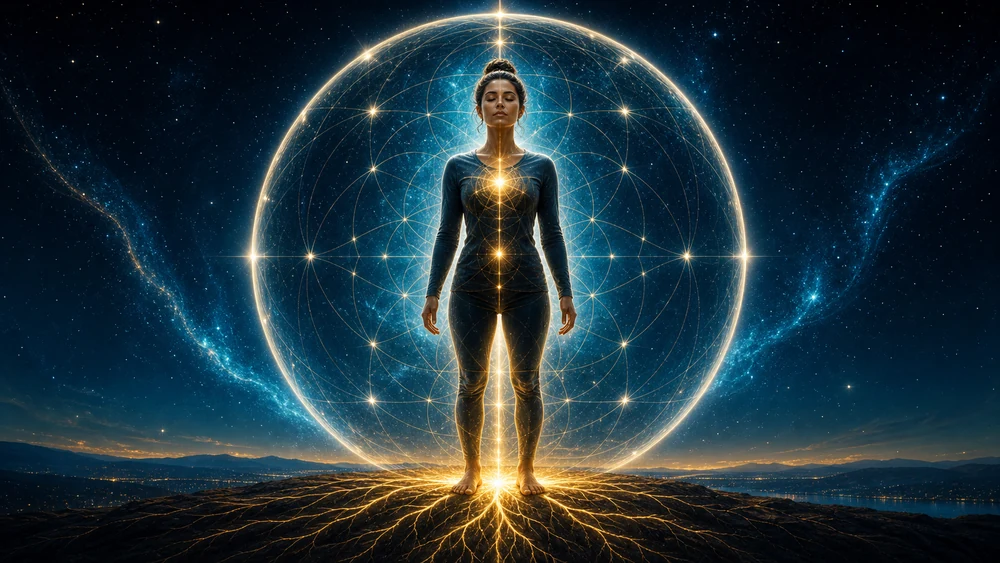 Woman stands barefoot on rocky ground, enveloped by a glowing geometric sphere with radiant energy lines emanating from her center.