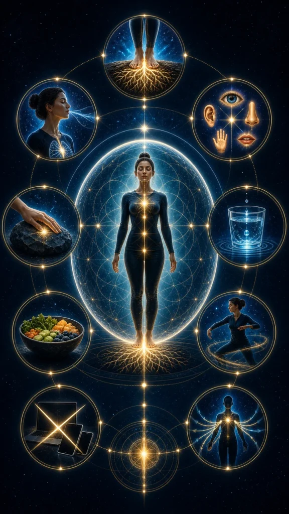 A central human figure surrounded by glowing circles showing energy pathways and interconnected chakras in a cosmic diagram.