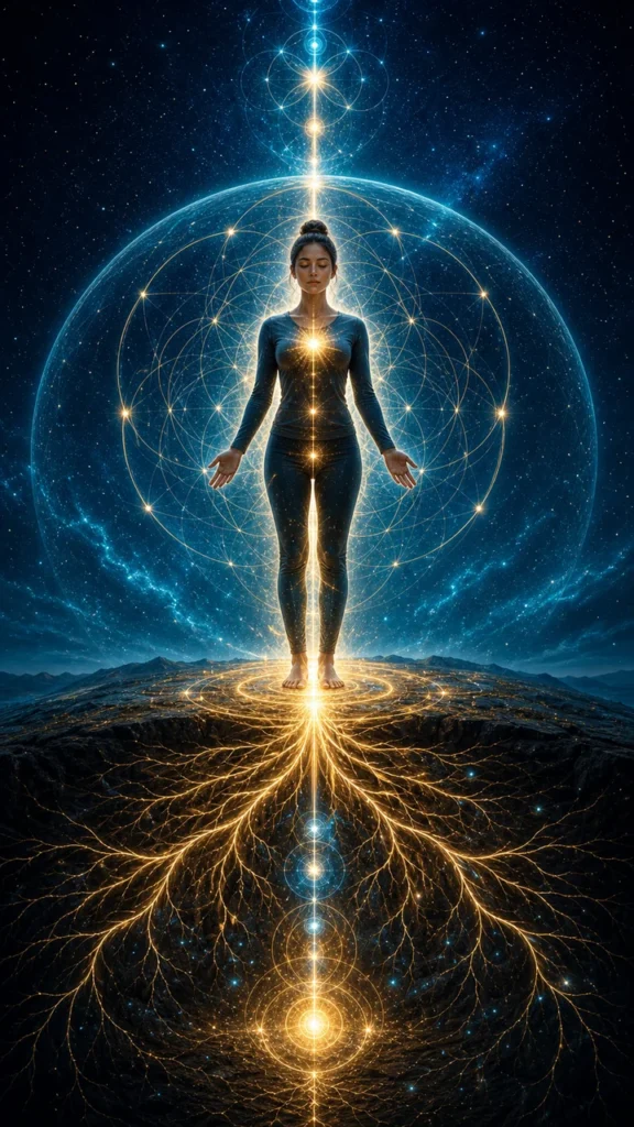 A woman stands with eyes closed, levitating on a glowing platform, surrounded by intricate golden energy circles and a vertical beam of light in a starry cosmic scene.
