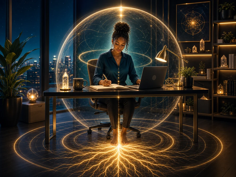 Woman sits at a desk barefoot, writing in a notebook with a laptop nearby, surrounded by glowing golden energy rings.