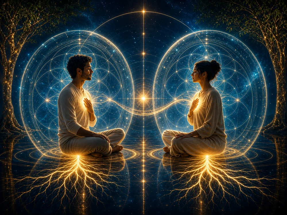 Two people sit cross‑legged facing each other in meditation, surrounded by glowing geometric energy rings and a starry backdrop.