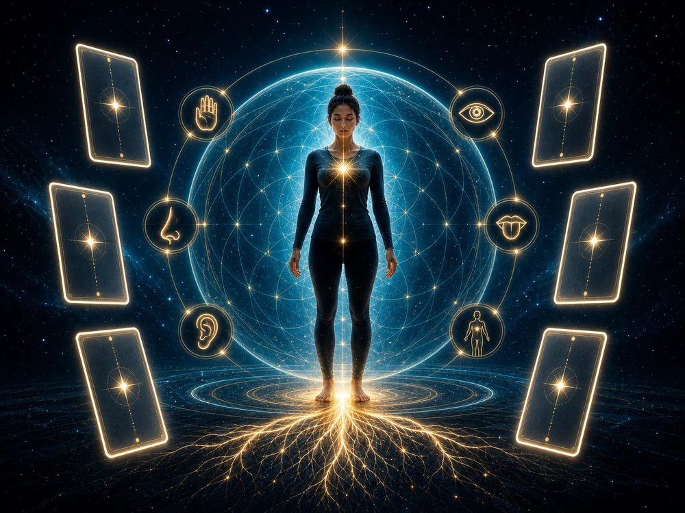 Person stands barefoot inside a glowing energy sphere, with sense and body icons orbiting them around a starry background and floating cards nearby.