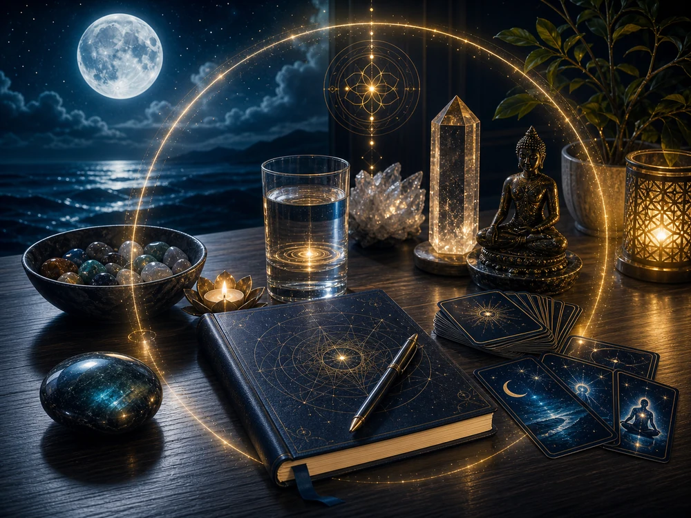 Evening ritual scene with tarot cards, celestial notebook, crystals, and a glowing golden circle over a dark, ocean-side table.