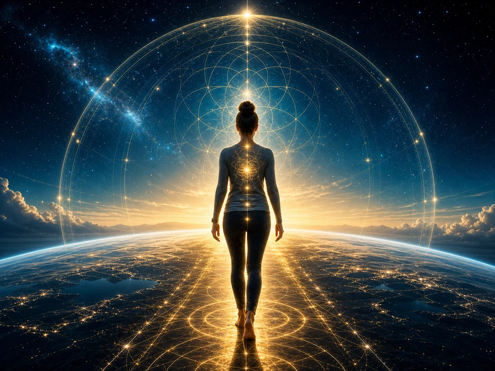 Grounding Techniques: A person walking toward the sunrise on Earth, encircled by luminous geometric rings and a starry sky at the horizon.