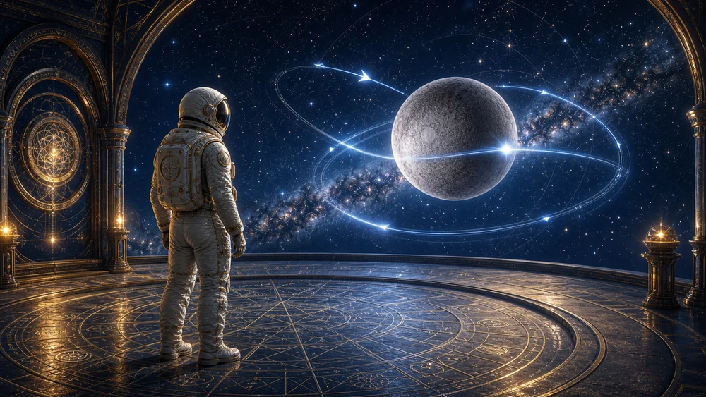 Meaning of Mercury retrograde hero image with astronaut host and Mercury retrograde light paths.