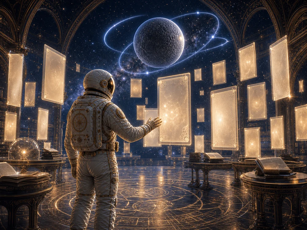Meaning of Mercury retrograde FAQ image with astronaut host, Mercury glyph, and question lights.