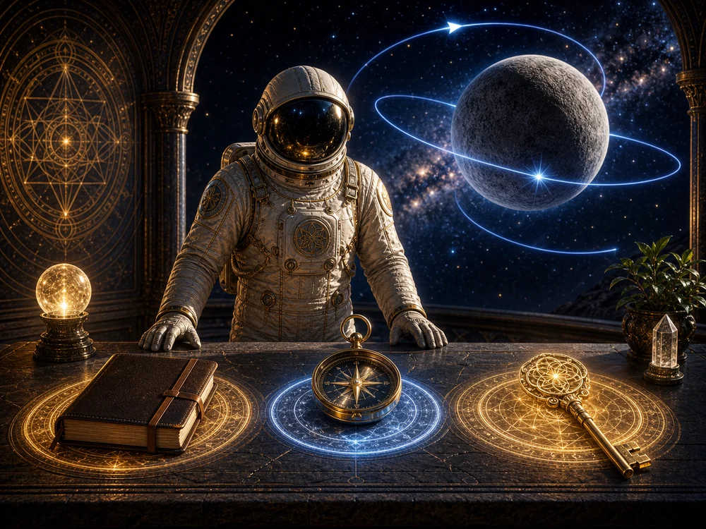 Astronaut in suit stands at a desk with glowing magical circles, a compass, an old book, and a golden key, against a starry space backdrop with a planet motif.
