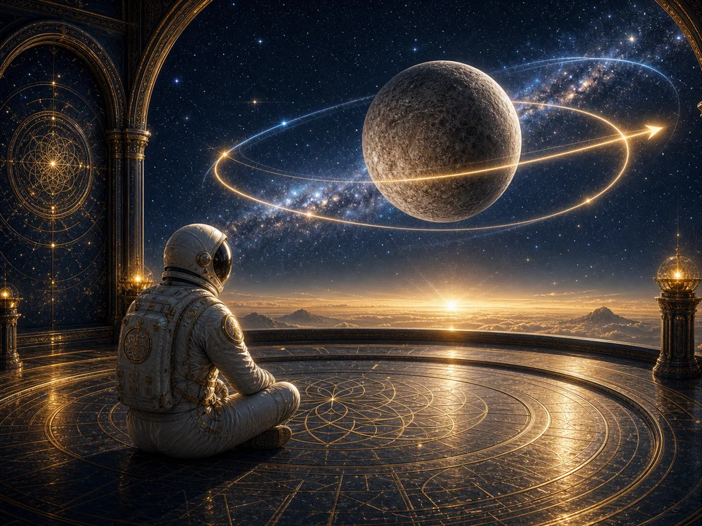 Meaning of Mercury retrograde closing image with astronaut host meditating under Mercury light.