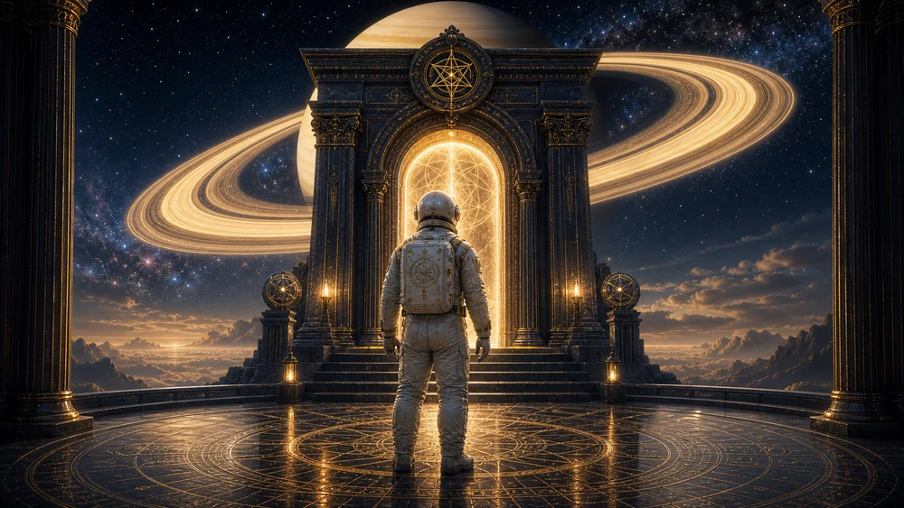 Meaning of Saturn Return hero image with astronaut host entering a Saturn-lit initiation doorway.