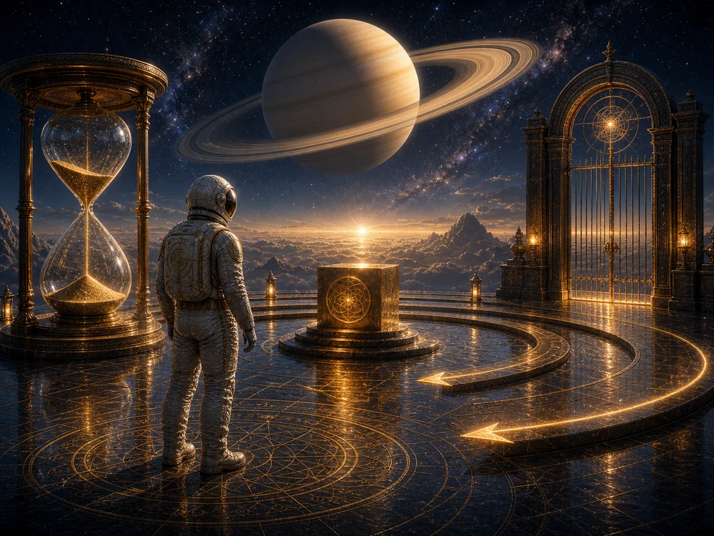 Astronaut on a glowing circular platform in a cosmic temple, with an hourglass to the left, a gilded gate to the right, and Saturn in the sky.