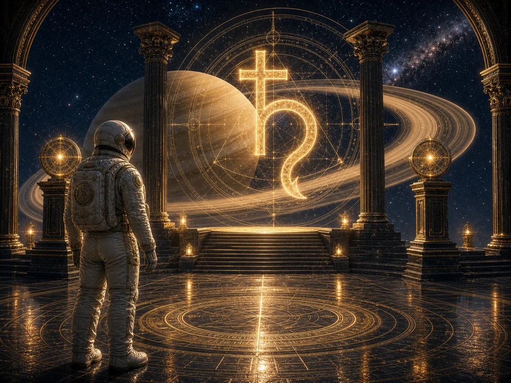 Meaning of Saturn Return symbolism breakdown with Saturn glyph, rings, structure, and sacred architecture.