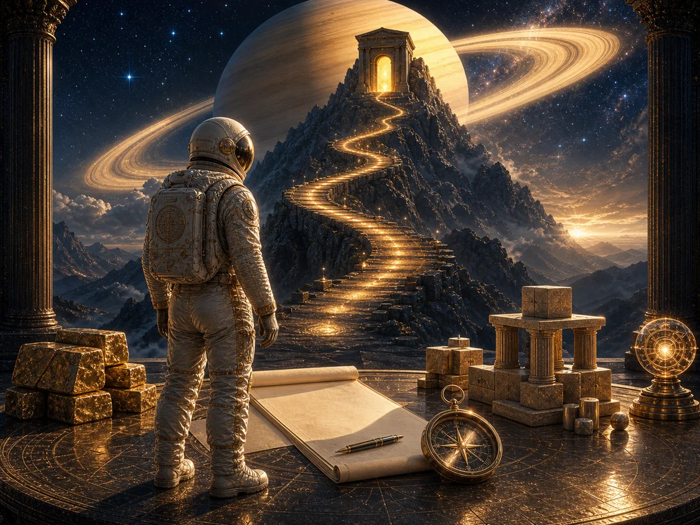 Meaning of Saturn Return money and career image with astronaut host, contract, mountain path, and purpose.
