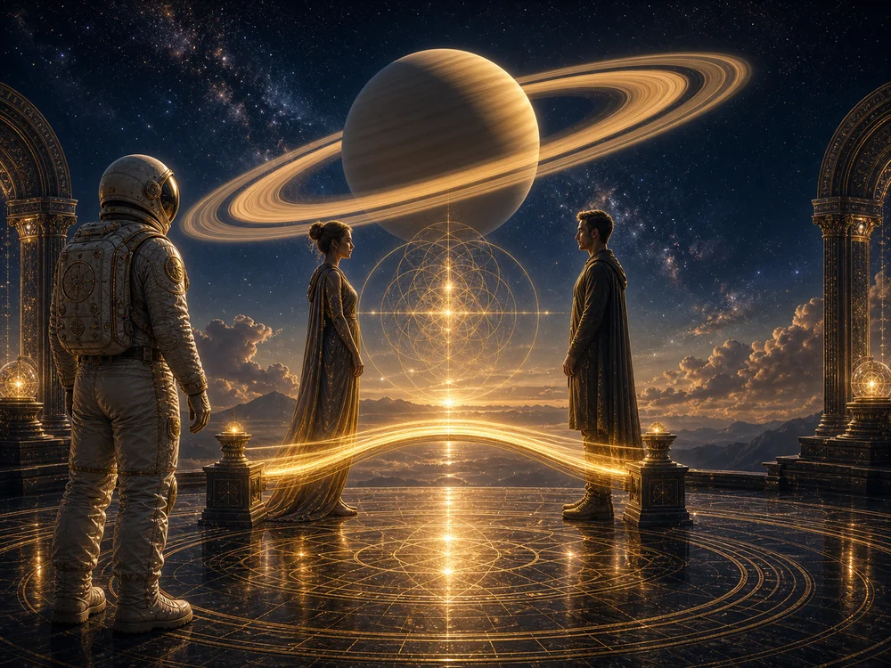 Meaning of Saturn Return love and relationships image with astronaut host guiding mature commitment and boundaries.