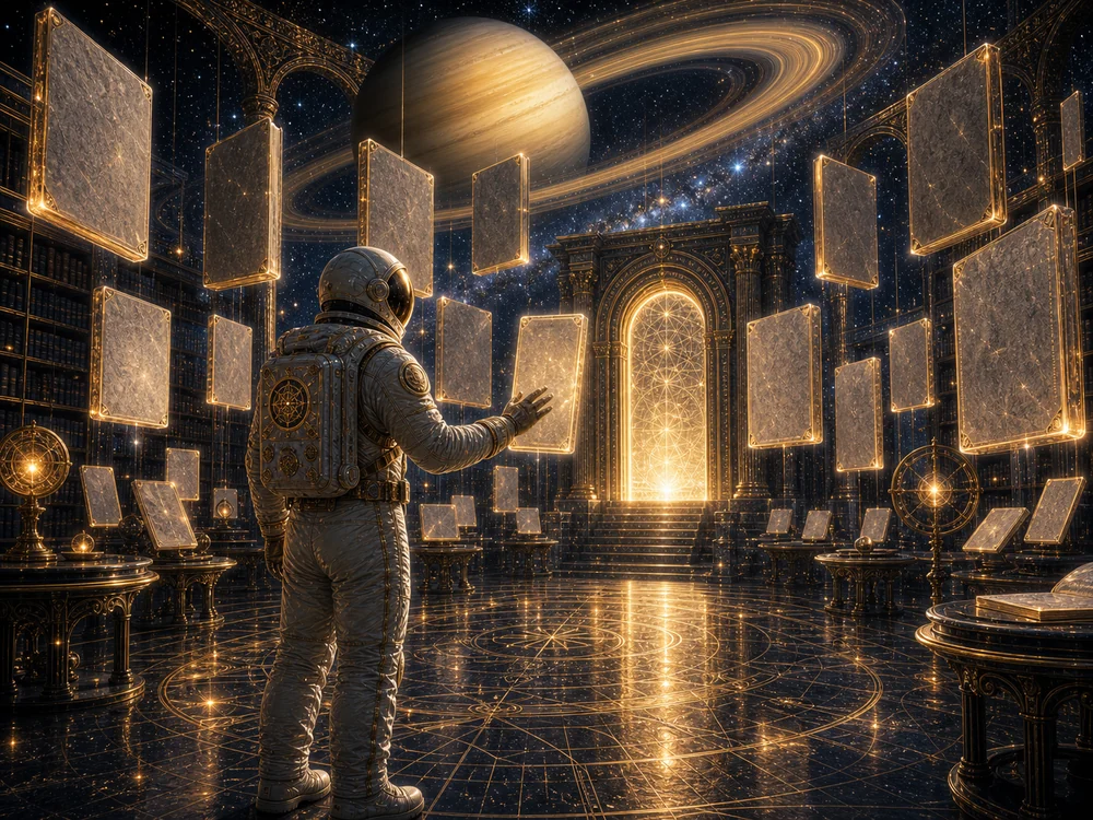 Meaning of Saturn Return FAQ image with astronaut host, Saturn glyph, and question lights.