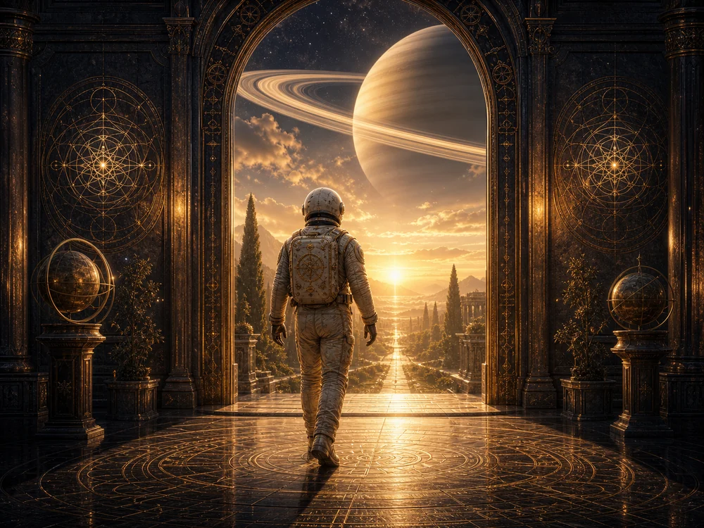 Meaning of Saturn Return closing image with astronaut host walking through a Saturn-lit doorway.
