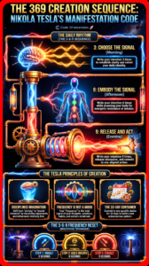 Nikola Tesla 369 creation sequence infographic explaining the morning, afternoon, and evening manifestation rhythm using intention, embodiment, release, breathwork, and aligned action.