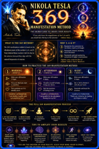 Nikola Tesla 369 manifestation method infographic showing how to use the numbers 3, 6, and 9 for intention, visualization, scripting, gratitude, and aligned action.
