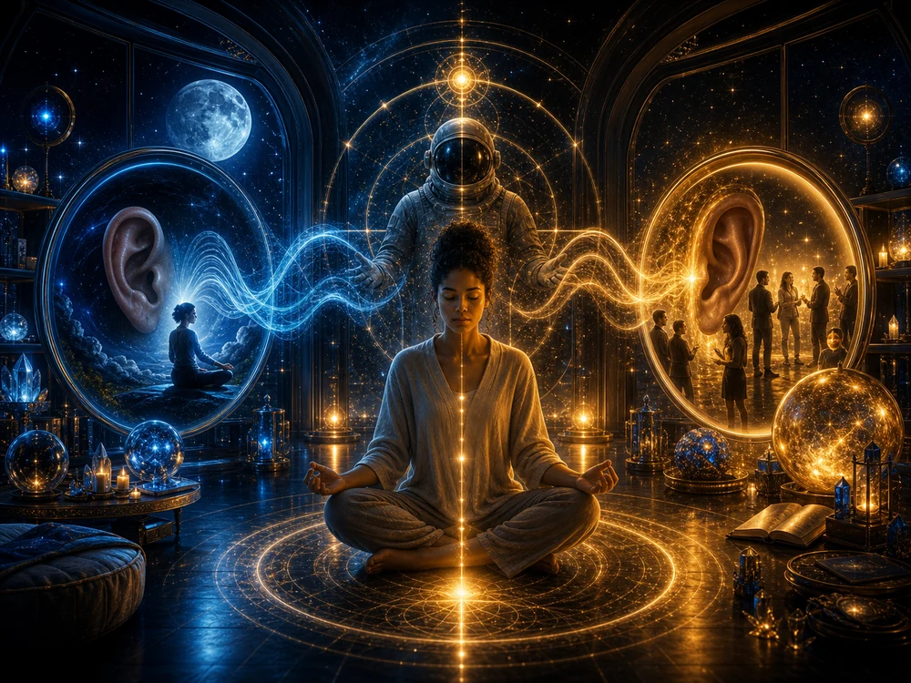 ringing in ears spiritual meaning comparison image showing left ear inner listening and right ear outward action