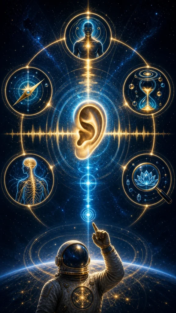 ringing in ears spiritual meaning infographic with body signal intuition synchronicity nervous system and medical discernment symbols