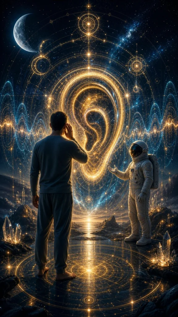 ringing in ears spiritual meaning symbolism image with luminous ear portal sound waves moon stars and subtle synchronicity lights