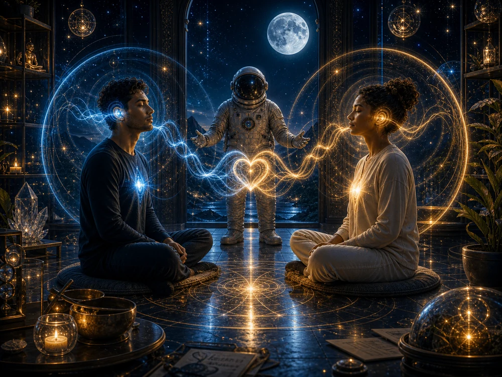 ringing in ears spiritual meaning love image with two calm figures connected by blue and gold communication waves