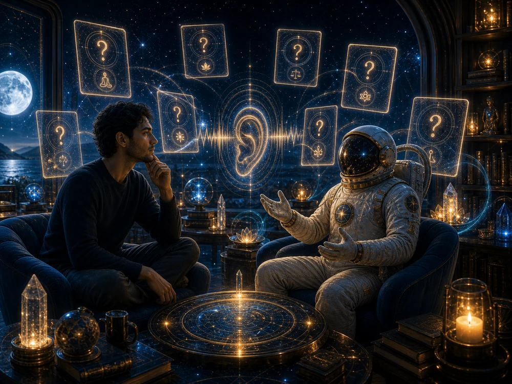 ringing in ears spiritual meaning faq image with seeker astronaut host question cards and glowing ear tone symbols