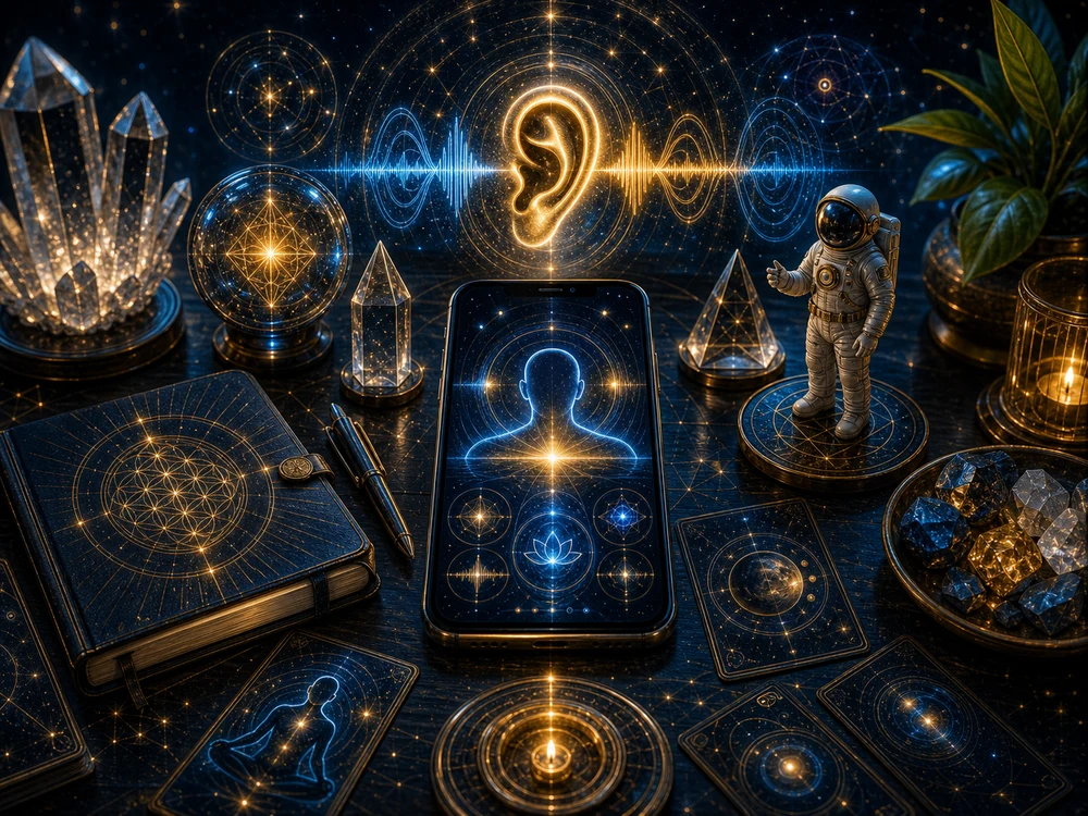 ringing in ears spiritual meaning cta image with cosmic quiz cards journal phone sound waves and astronaut figurine