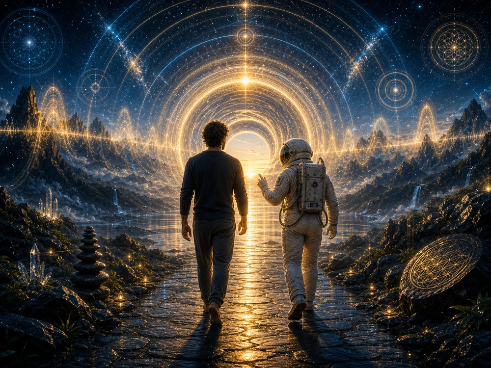 ringing in ears spiritual meaning closing image with seeker and COA astronaut host walking through a golden sound wave portal