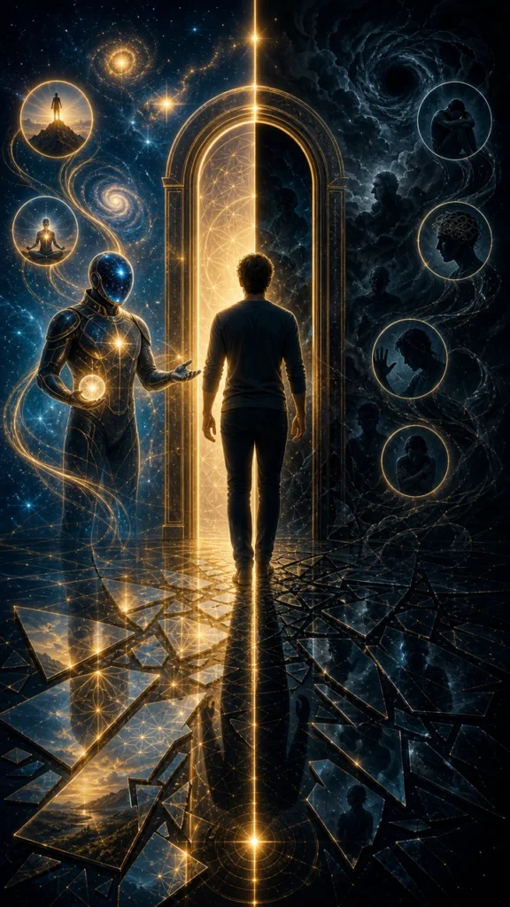 shadow work meaning symbolism image with shadow doorway mirror and astronaut host