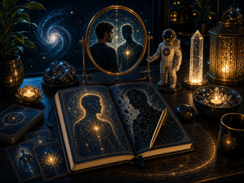 shadow work meaning product cta image with journal mirror and astronaut figurine