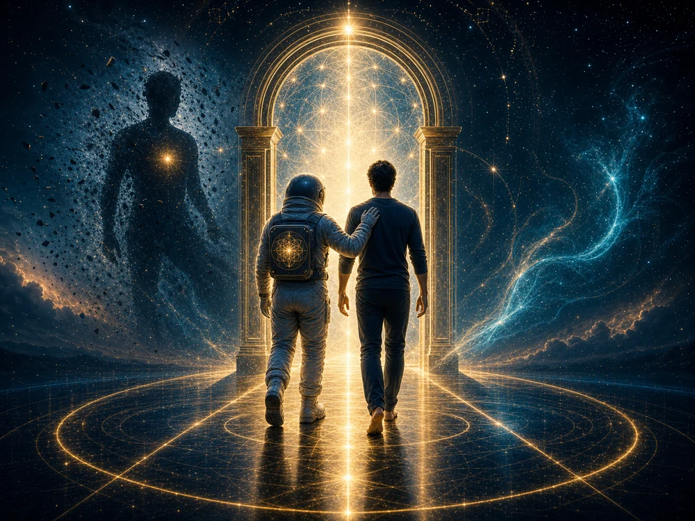 shadow work meaning closing image with male seeker and astronaut host walking through integration portal