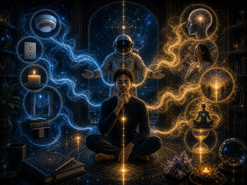 Smelling smoke spiritual meaning comparison image with practical safety check symbols on one side and intuitive smoke-like guidance beside the astronaut host on the other.