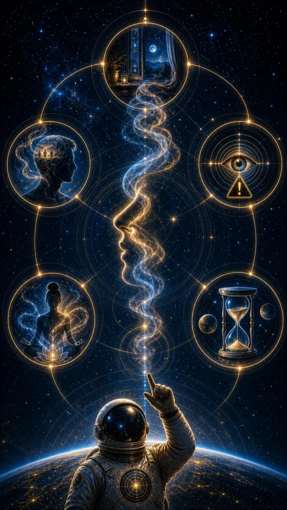 Smelling smoke spiritual meaning infographic showing environment, memory, warning, clearing, and spiritual timing as luminous smoke nodes with the astronaut host below.