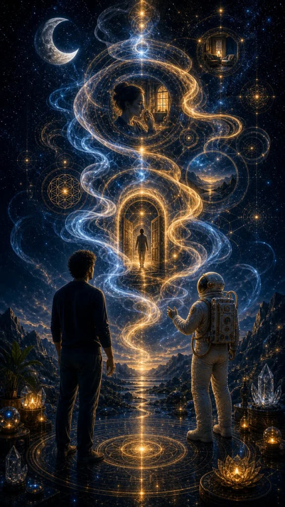 Smelling smoke spiritual meaning symbolism image with a seeker and astronaut host facing a blue and gold smoke ribbon portal beneath the moon.