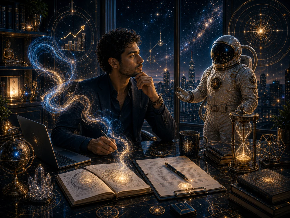 Smelling smoke spiritual meaning money and career image showing a thoughtful professional at a cosmic desk noticing a subtle smoke-like signal near a journal and contract.