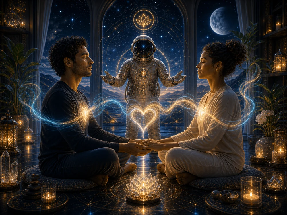 Smelling smoke spiritual meaning love and relationships image showing two people calmly clearing old emotional residue through blue and gold smoke-like light with the astronaut host nearby.