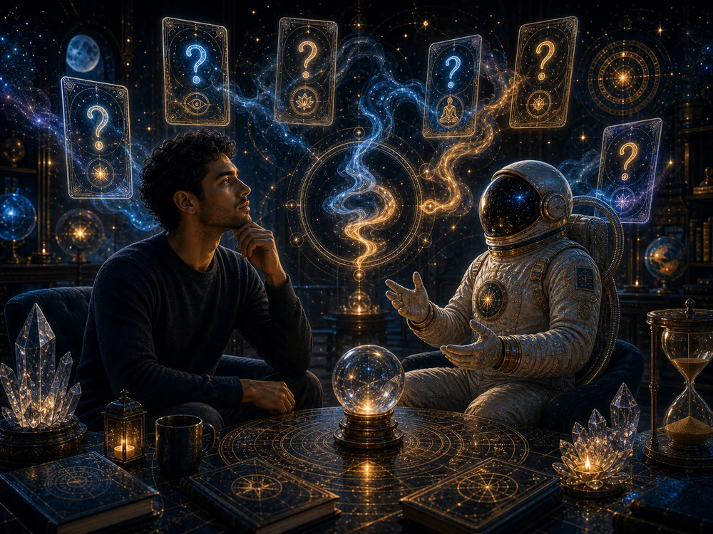 Smelling smoke spiritual meaning FAQ image showing a seeker and astronaut host surrounded by glowing question cards and smoke symbols in a cosmic study.
