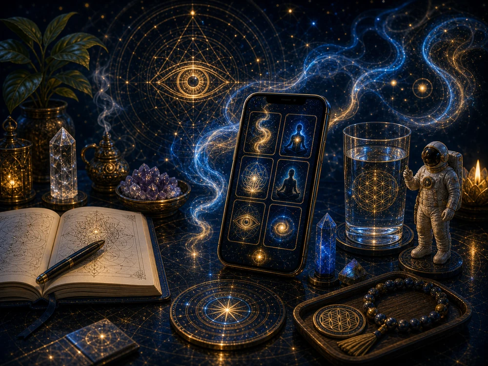 Smelling smoke spiritual meaning product CTA image showing a journal, phone, water glass, crystals, and small astronaut figure arranged for a calm nervous system reset.