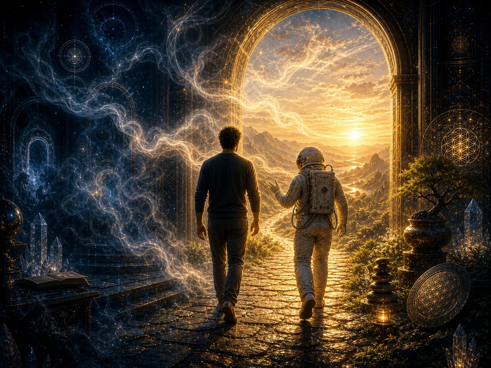 Smelling smoke spiritual meaning closing image showing a seeker and astronaut host walking out of a smoke-like threshold into clear golden sunrise light.