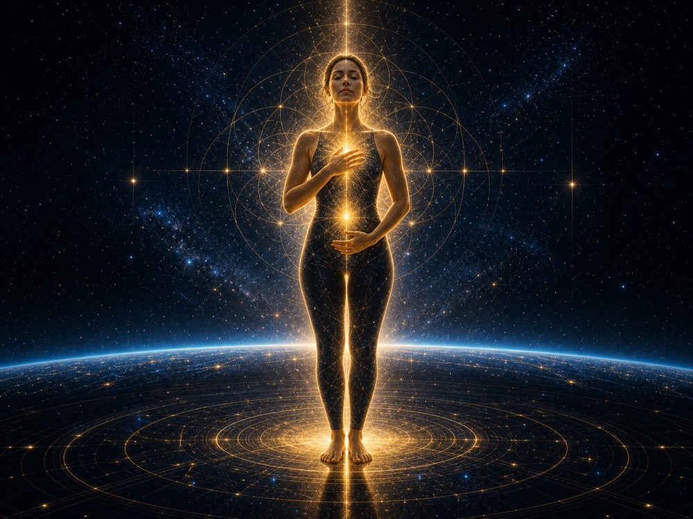 somatic manifestation closing image with a peaceful body receiving cosmic light and grounded support
