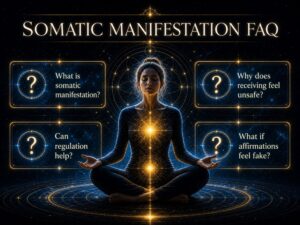somatic manifestation FAQ image with cosmic question cards about body based receiving