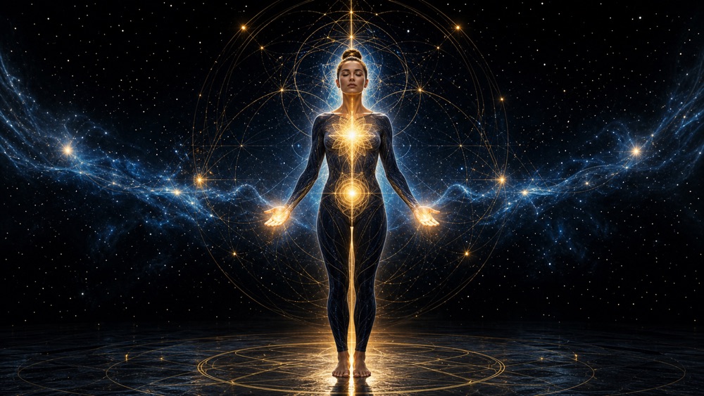 somatic manifestation hero image with a calm cosmic figure receiving light through the body