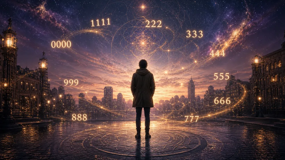 Synchronicity numbers meaning guide with repeating number signs and spiritual light.