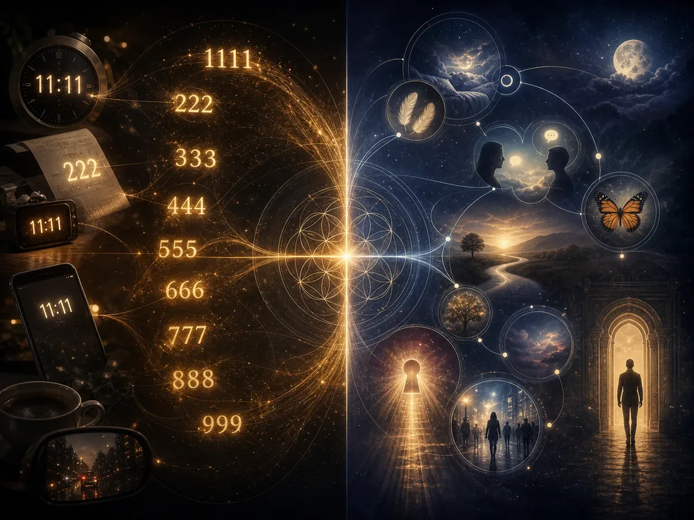 Split scene: left side with glowing numbers, clocks, and devices; right side with a glowing doorway/portal and surreal landscape illustrating a move from tech to imagination.
