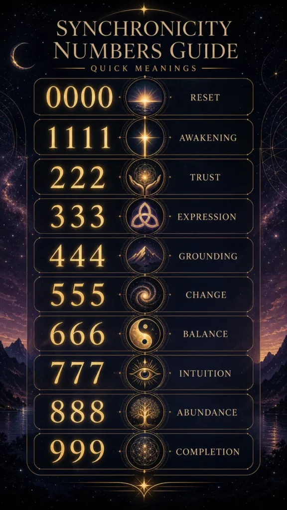 Quick meaning chart for synchronicity numbers 0000 through 999.